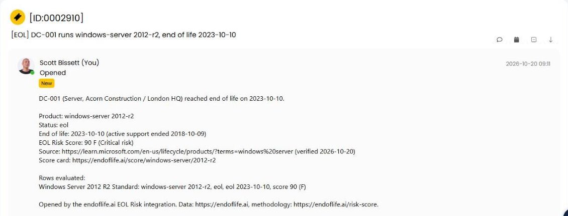 A HaloPSA ticket opened by the integration for a demo server past end of life, listing the product, status, end-of-life date, support end, score, vendor source with its verified day, and the score card link